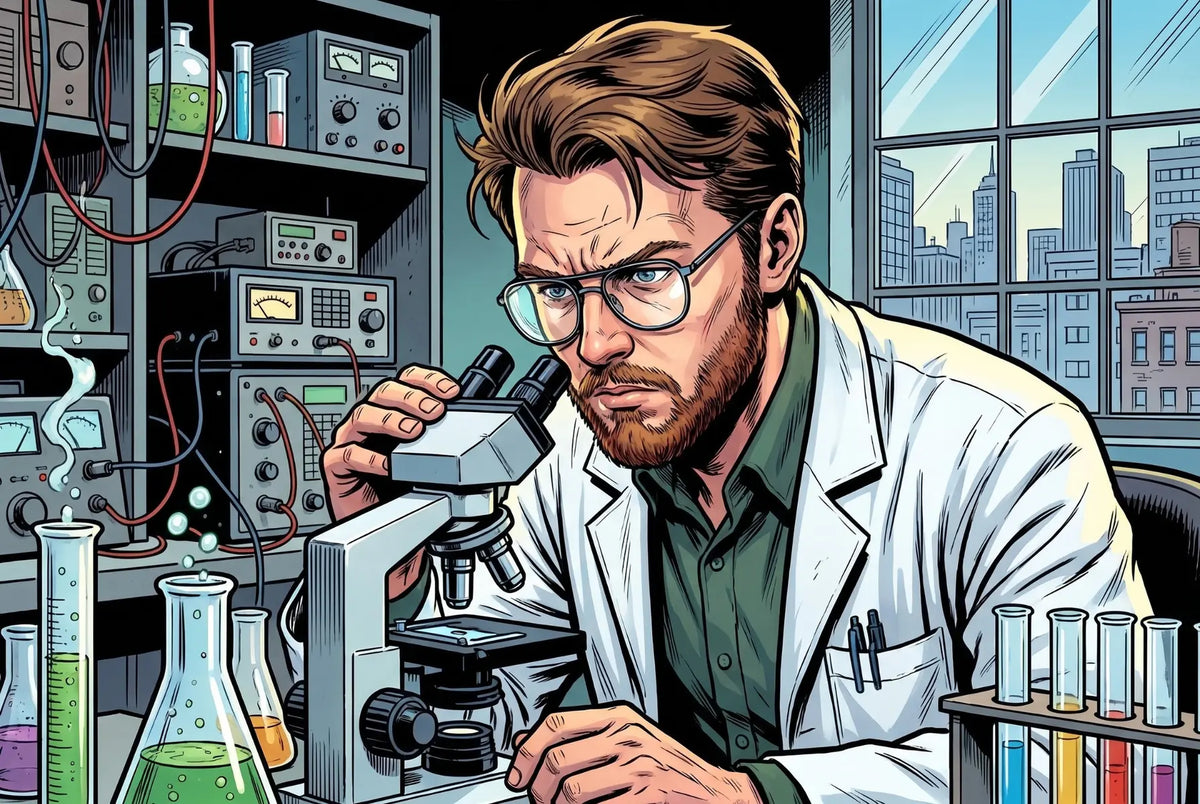 Wissenschaftler untersucht im Comic-Labor eine Probe